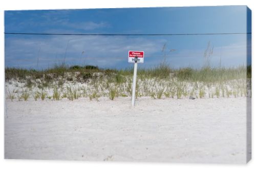 Protected beach dune restoration area marked with a "Do Not Enter" sign and temporary barrier fencing. Coastal vegetation growing on white sand highlights environmental conservation, habitat restoration, erosion control and responsible beach manageme