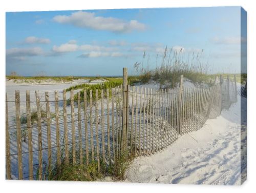 Weathered rustic wooden sand fence protects sand dunes at the beach from erosion, closeup view.