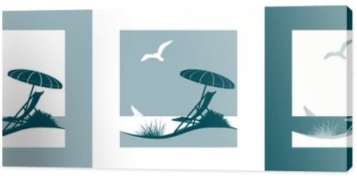 Summer vacation vector symbol with sunshade, deckchair, seagull, sailing boat, beach and the sea