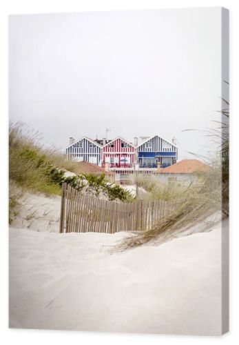 Lovely and quaint beach houses seen from beach dunes. Beach houses with colorful stripes from Costa Nova, Portugal.