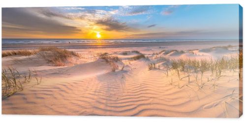 Beach and dunes Dutch coastline landscape seen from Wijk aan Zee over the North Sea at sunset, Netherlands