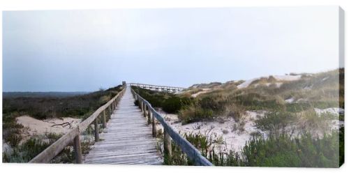 A serene beach scene in Portugal. A wooden boardwalk through sand dunes to the ocean, where waves lap the shore under a cloudy sky. Sparse vegetation and evening light create a tranquil atmosphere.