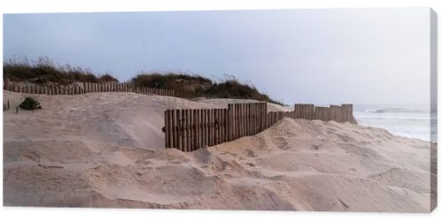 A coastal dune landscape in Nazare, Portugal, with sand dunes stabilized by wooden fences and sparse vegetation. The overcast sky and waves of the Ocean create a serene and natural seaside atmosphere