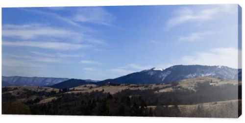 Mountains with forest and blue sky at background, banner 