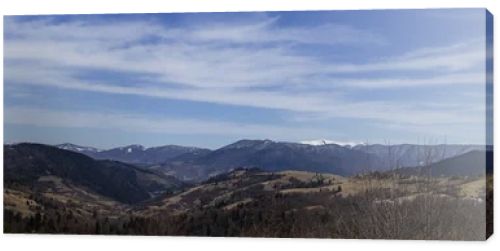 Scenic view of mountains and sky with clouds at daytime, banner 