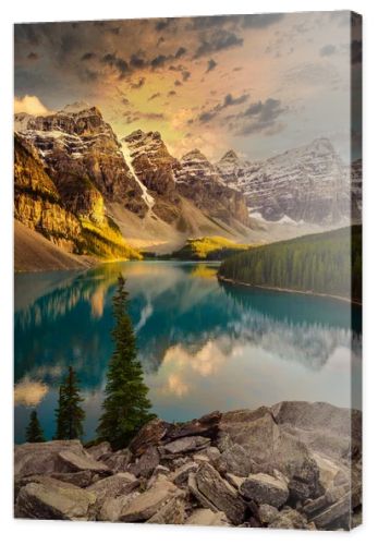 Landscape view of Moraine lake in Canadian Rocky Mountains