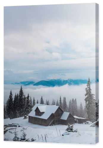 scenic view of snowy mountain village with pine trees and wooden houses