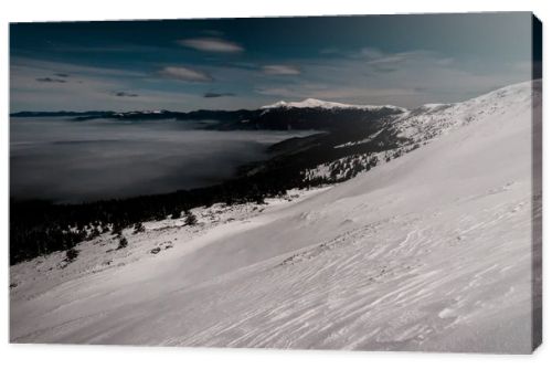 scenic view of snowy mountains with pine trees and white fluffy clouds in dark sky in evening