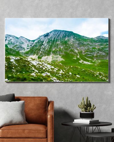 green valley with stones and mountains in Durmitor massif, Montenegro