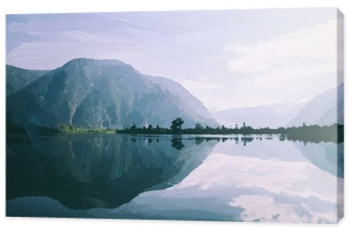 painted blue sky with clouds and mountains and lake 