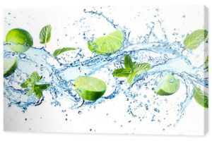 Water Splash With Mint Leaves And Slices Of Lime