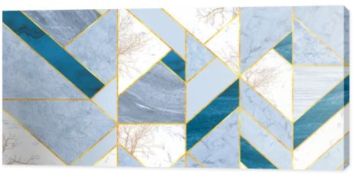 Tile background in blue and gray marble tiles with golden lines and trees