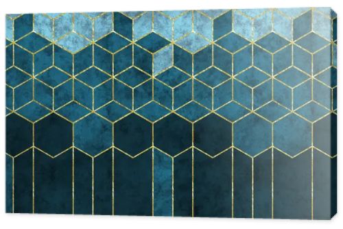 Modern abstract wall decor wallpaper. 3d illustration, golden lines, and dark navy blue and black cubes shapes. living room and bedroom decoration