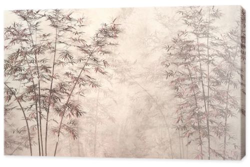 tropical trees and leaves in foggy forest wallpaper design - 3D illustration