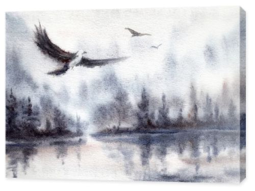 Lake or river landscape with water scene, forest reflections, sky and eagles. Hand drawn watercolors on paper textures. Raster bitmap image