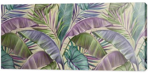 Tropical exotic seamless pattern with vintage banana leaves, palm and colocasia. Hand-drawn 3D illustration. Light beige background. Trendy glamorous design. Good for production wallpapers, gift paper, cloth, fabric printing, goods.