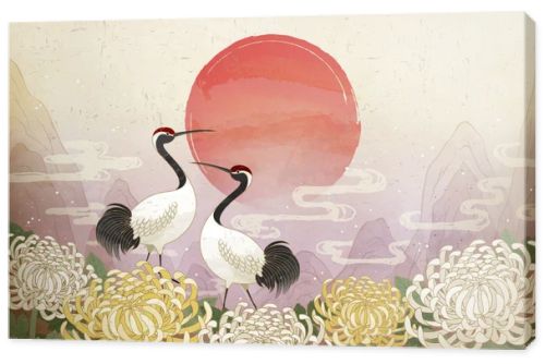 Double ninth festival with red crowned crane and chrysanthemum background