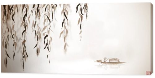 Willow tree and little boat in water. Traditional Japanese ink wash painting sumi-e in vintage style. Hieroglyph - eternity - Vector