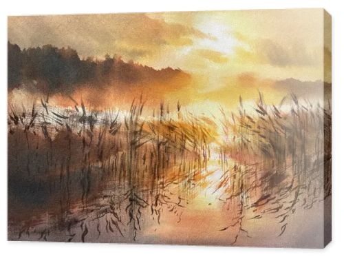 Evening by the lake in evening sunlight watercolor background. Warm colors