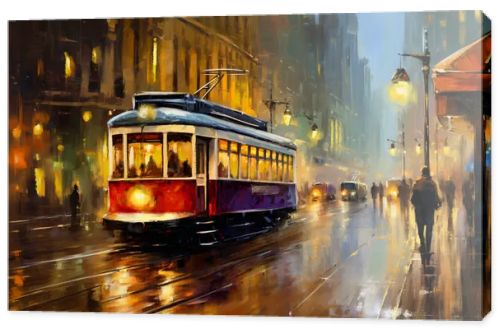 Tram in old city, oil paintings landscape