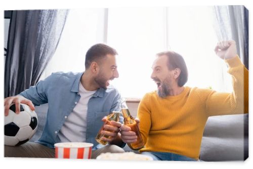 excited interracial dad and son clinking bottles of beer while watching football championship at home