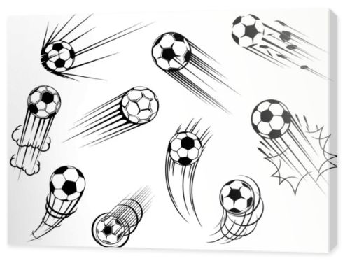 Soccer and football ball flying with goal kick trace, vector icons. Soccer sport club and football college team tournament and sport game match cup balls symbols