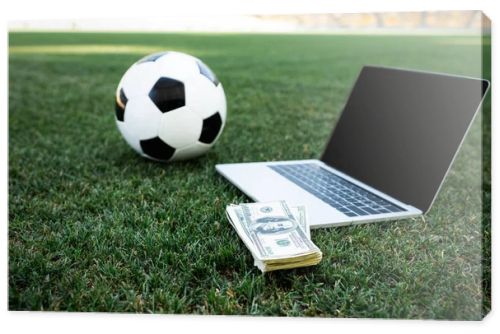 selective focus of soccer ball, money and laptop with blank screen on grassy football pitch at stadium, online betting concept