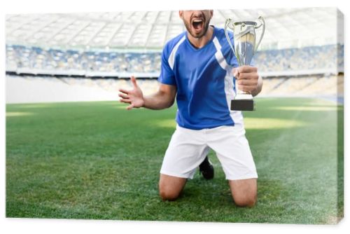 professional soccer player in blue and white uniform with sports cup standing on knees on football pitch and shouting at stadium
