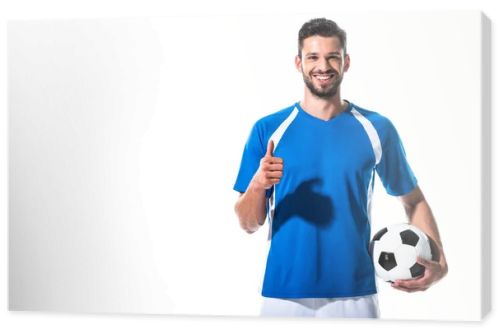 happy soccer player with ball showing thumb up Isolated On White
