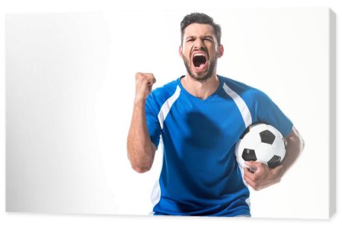 excited soccer player with ball and clenched hand yelling Isolated On White