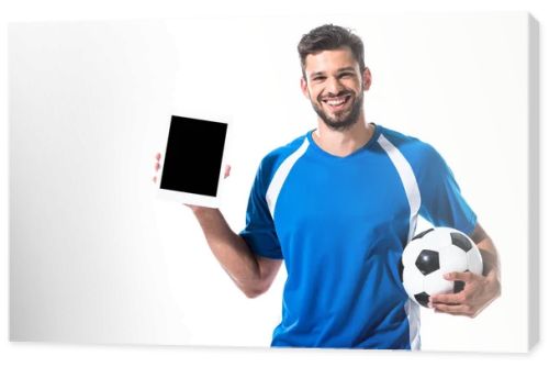 happy soccer player with Digital Tablet and ball Isolated On White