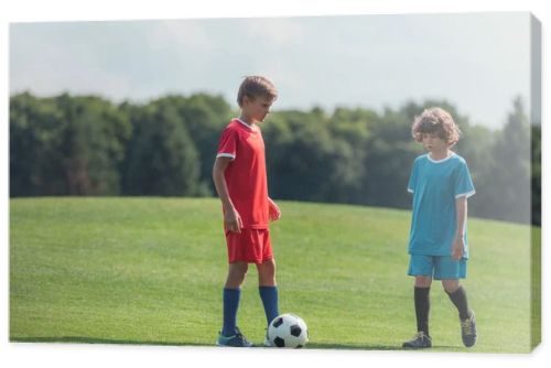 cute curly boy playing football with friend on grass in park 