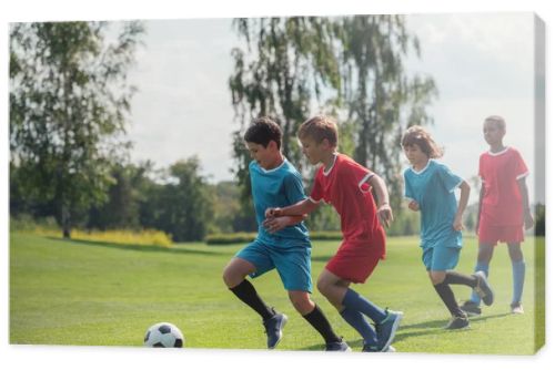 four multicultural kids playing football on grass  