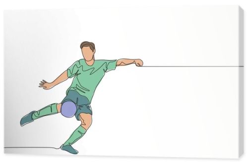 Single continuous line drawing of young energetic football striker shooting a first time kick technique. Soccer match sports concept. One line draw design vector illustration