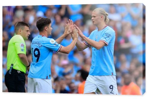 Erling Haaland  9 of Manchester City is substituted in the 74th minute for Julian Alvarez  19 of Manchester City