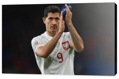 Poland's Robert Lewandowski Applauds the travelling supporters during the UEFA Nations League Group A4 match between Wales vs Poland at Cardiff City Stadium, Cardiff, United Kingdom, 25th September 202