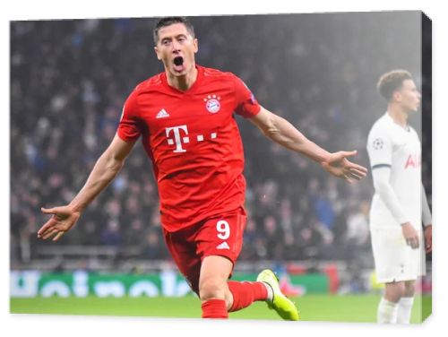 LONDON, ENGLAND - OCTOBER 1, 2019: Robert Lewandowski of Bayern celebrates after his first goal scored during the 2019/20 UEFA Champions League Group B game between Tottenham Hotspur FC (England) and Bayern Munchen (Germany) at Tottenham Hotspur Stad