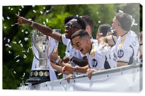 Madrid, Spain - May 12, 2024: Real Madrid football team celebrates its 36th league title in the Plaza de Cibeles. The players celebrate being league champions. League champions 23/24.