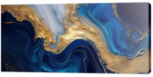 Abstract blue marble texture with gold splashes, blue luxury background