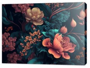 Dark floral background wallpaper design with multicolor flowers and leaves