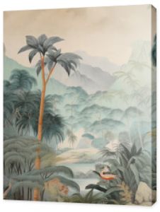 wallpaper jungle and leaves tropical forest birds old drawing vintage - generative ai 