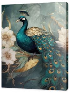 modern interior mural painting wall art decor abstraction wallpaper with white, dark green and golden tropical palm leaf branches and flowers with feathers peacock bird 