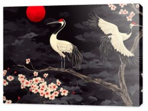 Oriental ornament with cranes and decorative elements of bonsai and cherry blossoms.