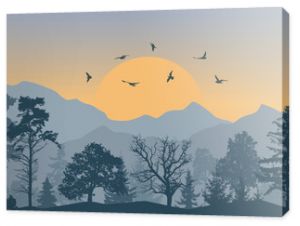 Beautiful forest on background of mountains and sunset and flying birds, silhouettes. Vector illustration