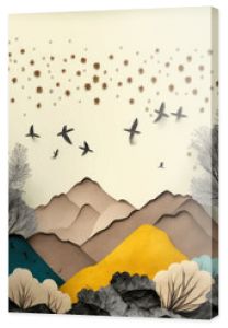 Brown trees with golden flowers and turquoise, black and gray mountains in light yellow background with white clouds and birds. 3d illustration wallpaper landscape art