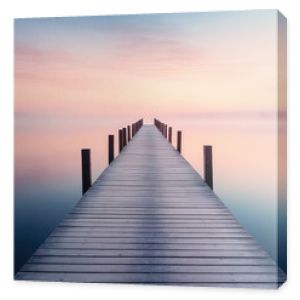 A straight flat simplistic rectangular lake dock, beautiful sunrise, foggy, calm water. Nature relax wallpaper.