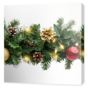 Seamless decorative christmas border with coniferous branches and garlands of christmas lights and ornaments cosmetics festival perfume.