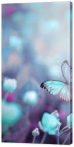 Dzikie jasnoniebieskie kwiaty na polu i dwa fruwające motyle na naturze na zewnątrz zbliżenie makro Magiczny obraz artystyczny Stonowany w kolorze niebieskim