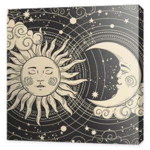 Magical banner for astrology, celestial alchemy. Heavenly art for the zodiac, tarot, device of the universe, crescent moon with a face, clouds, sun with the moon on a black background. Esoteric vector