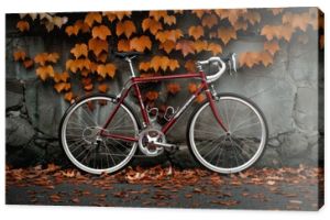 Rustic Bicycle Against Brick Wall With Autumn Leaves